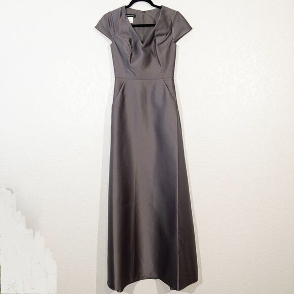 NWT Alfred Sung Caviar Gray Cap Sleeve V-Neck Satin Gown Size 0‎ - Picture 3 of 9